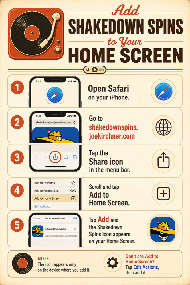 Illustrated iPhone directions for adding Shakedown Spins to the Home Screen